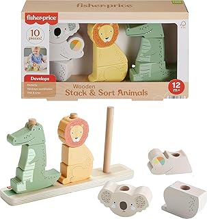 Fisher-Price Wood Stack & Sort Animals Toy | Wooden Base & 9 Stacking Blocks, Fine Motor Skills & Problem Solving, Toddlers & Preschool Kids Ages 1+ Years