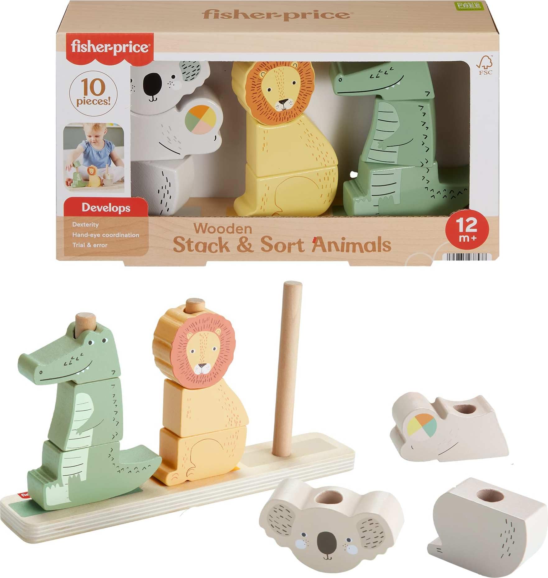 Fisher-Price Wood Stack & Sort Animals Toy | Wooden Base & 9 Stacking Blocks, Fi