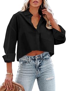 Tankaneo Camicia Corta da Donna a Maniche Lunghe, Casual, con Risvolto, con Tasca sul Petto, 02-Nero., M