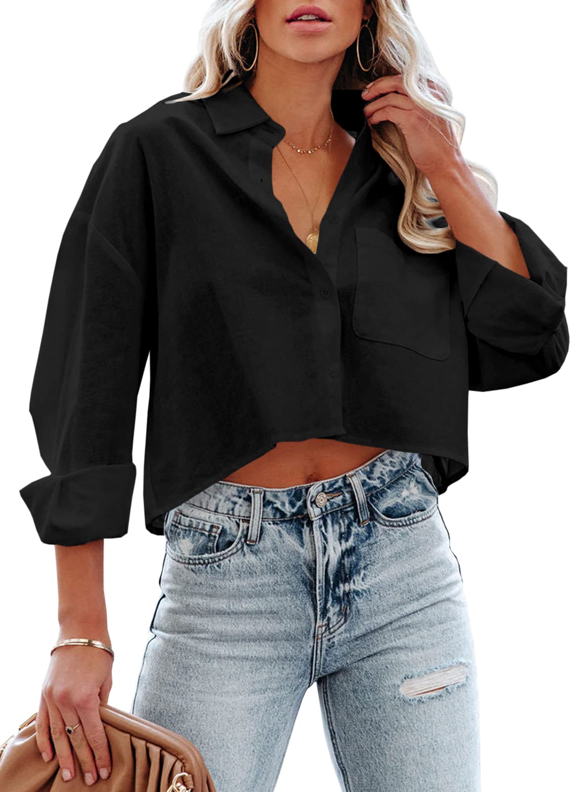 Tankaneo Camicia Corta da Donna a Maniche Lunghe, Casual, con Risvolto, con Tasc