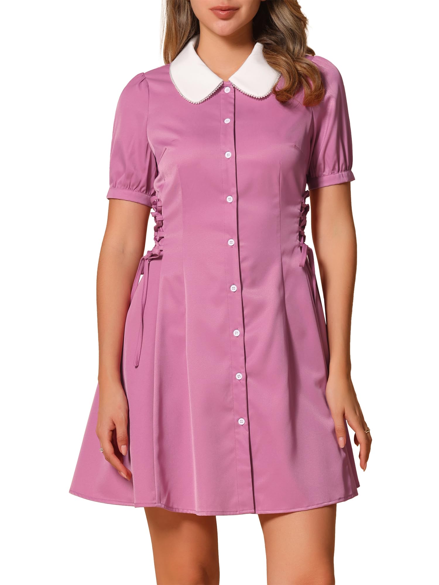 Allegra K Women's Vintage Peter Pan Collar Lace Up Waist A Line Dress