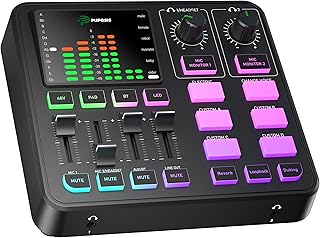 PUPGSIS T12 Gaming Audio Mixer, with Independent volume control | 48V Phantom Power,XLR/ 3.5/6.35mm Mic Input,Mute/4 custom sound effects/Reverb/Ducking/Voice Changer/Bluetooth/ELECTRIC
