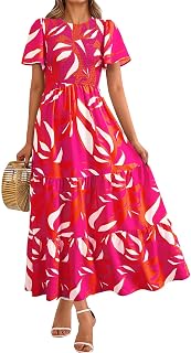 PRETTYGARDEN Smocked Top Summer Dresses for Women 2026 Short Sleeve Floral Maxi Dress for Women Spring Maxi Dress with Ruffle Sleeves for Women Beach and Holiday Women (Pack of 1)