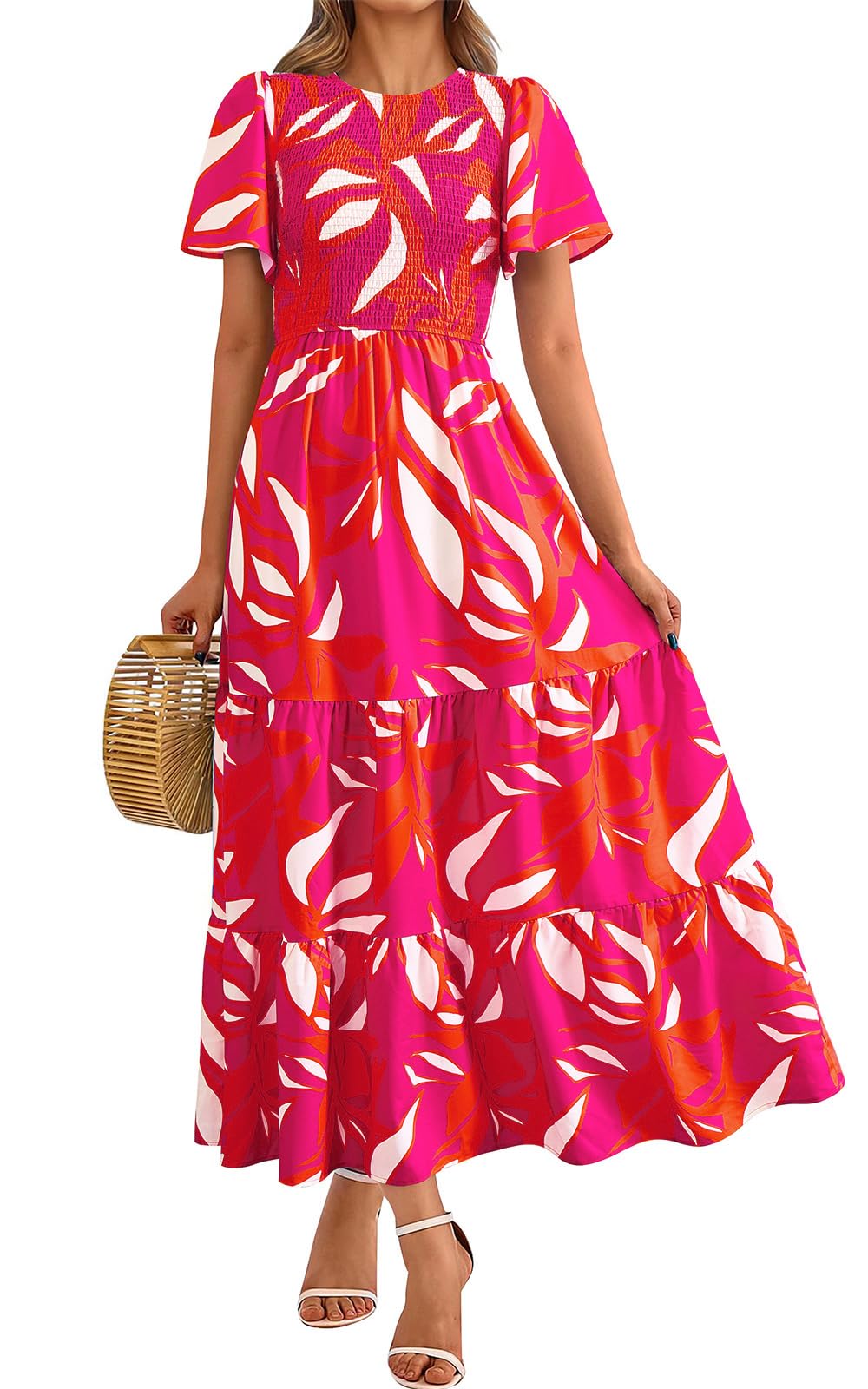PRETTYGARDEN Smocked Top Summer Dresses for Women 2026 Short Sleeve Floral Maxi 