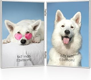 5"x7" (13x18cm) Double Hinged Picture Frame with HD-Tempered Glass, Thin Edge Metal Photo Frames with Delicate Beading Decoration & Soft Velvet Backing for Tabletop and Wall Mount Display, Silver