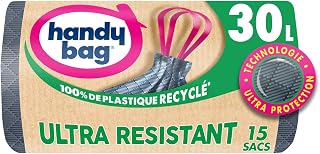 Handy Bag - Sacs poubelle à poignées coulissantes Ultra Résistant 30L x 15 sacs - Ultra Protection : trame et film triple épaisseur - Fond anti-fuite - Étanchéité maximale - 100% plastique recyclé