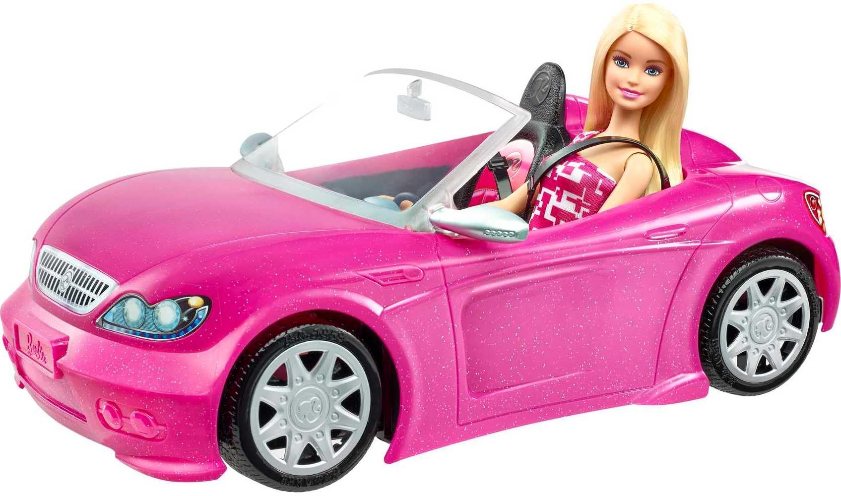 Barbie Playset with Sparkly Pink 2-Seater Toy Convertible Car Featuring Glam Det