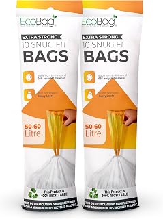 EcoBag - 20 Pack White Kitchen Drawstring Bin Liner - 50-60L - 28 Microns - Heavy Duty, Extra Strong, Eco-Friendly, Tear Resistant, Clear Recycling Bags (620 x 810mm)