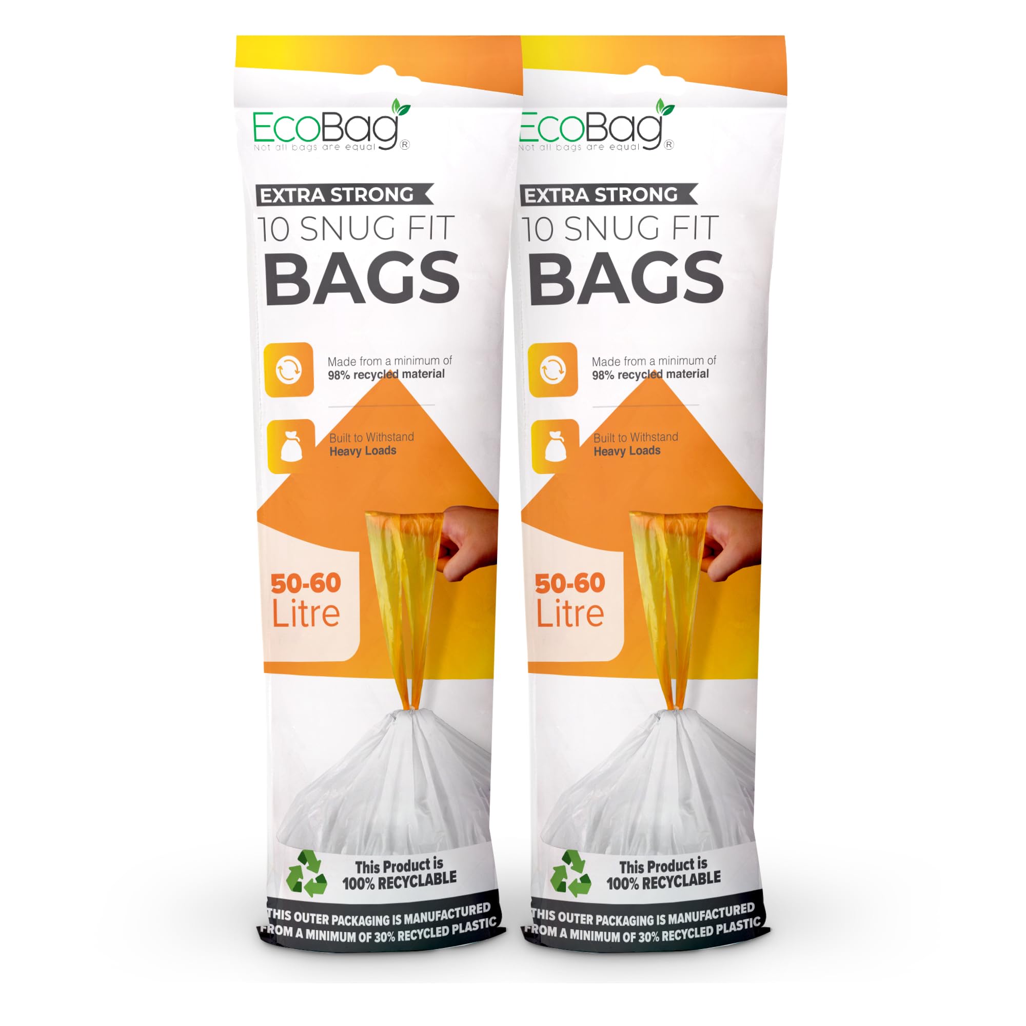EcoBag - 20 Pack White Kitchen Drawstring Bin Liner - 50-60L - 28 Microns - Heav