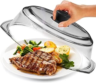 Le'raze Tall Glass Microwave Splatter Cover - Cool Touch Easy Grip Handle | Durable Borosilicate Glass, Plastic Free, Lead & BPA Free, Dishwasher Safe, Dual Steam Vents, Clear Food Plate Guard Lid