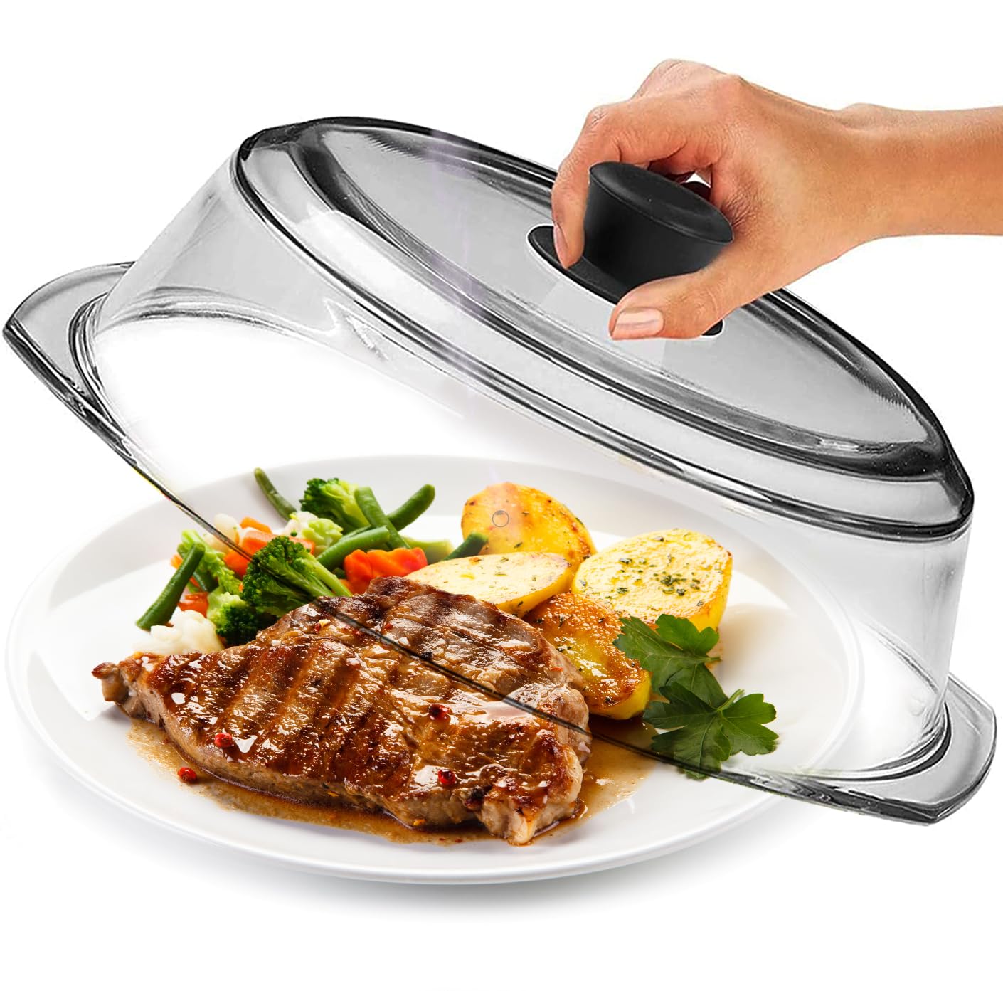 Le'raze Tall Glass Microwave Splatter Cover - Cool Touch Easy Grip Handle | Dura