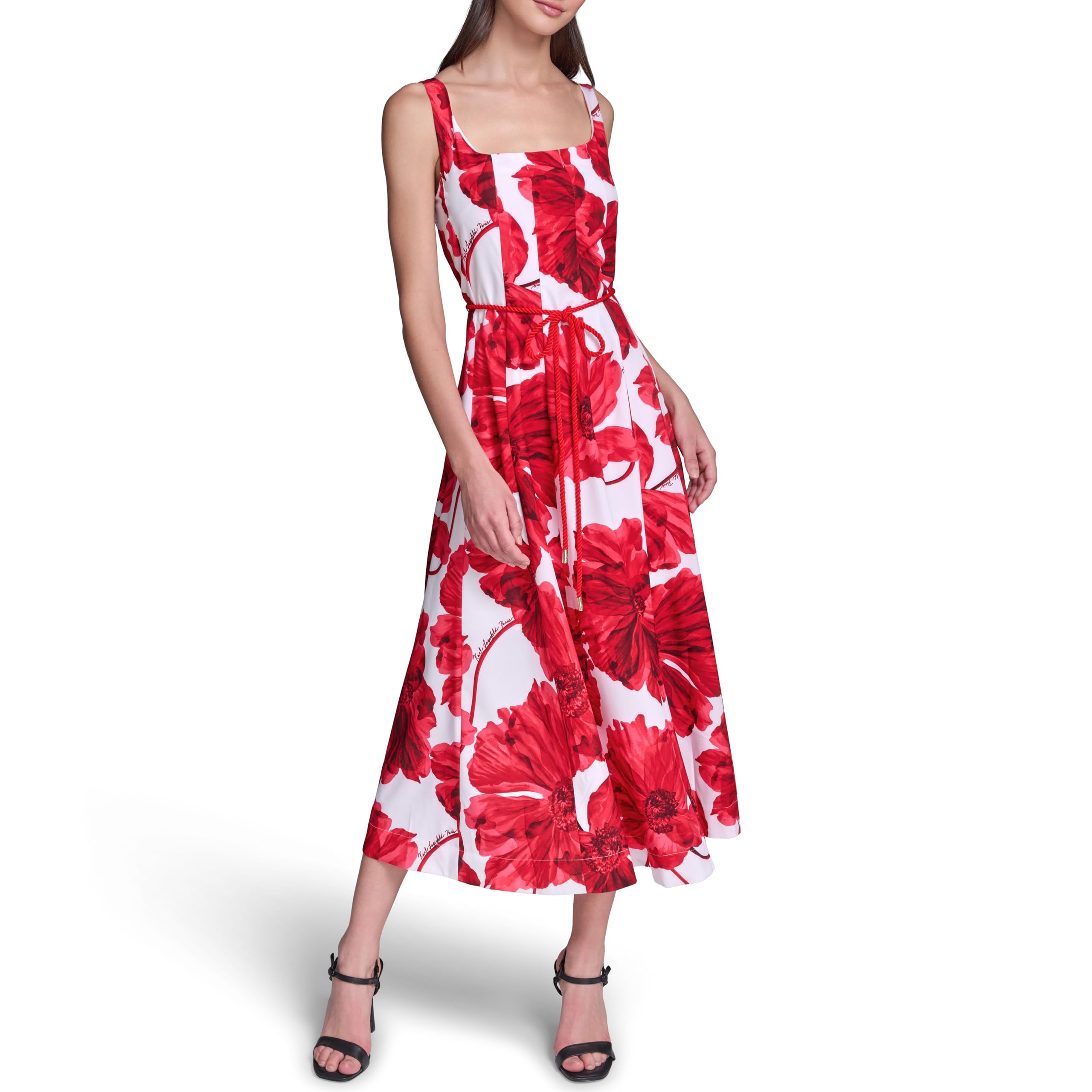 Karl Lagerfeld Women's Sleeveless Scoop Neck Belted A-line Midi Dress