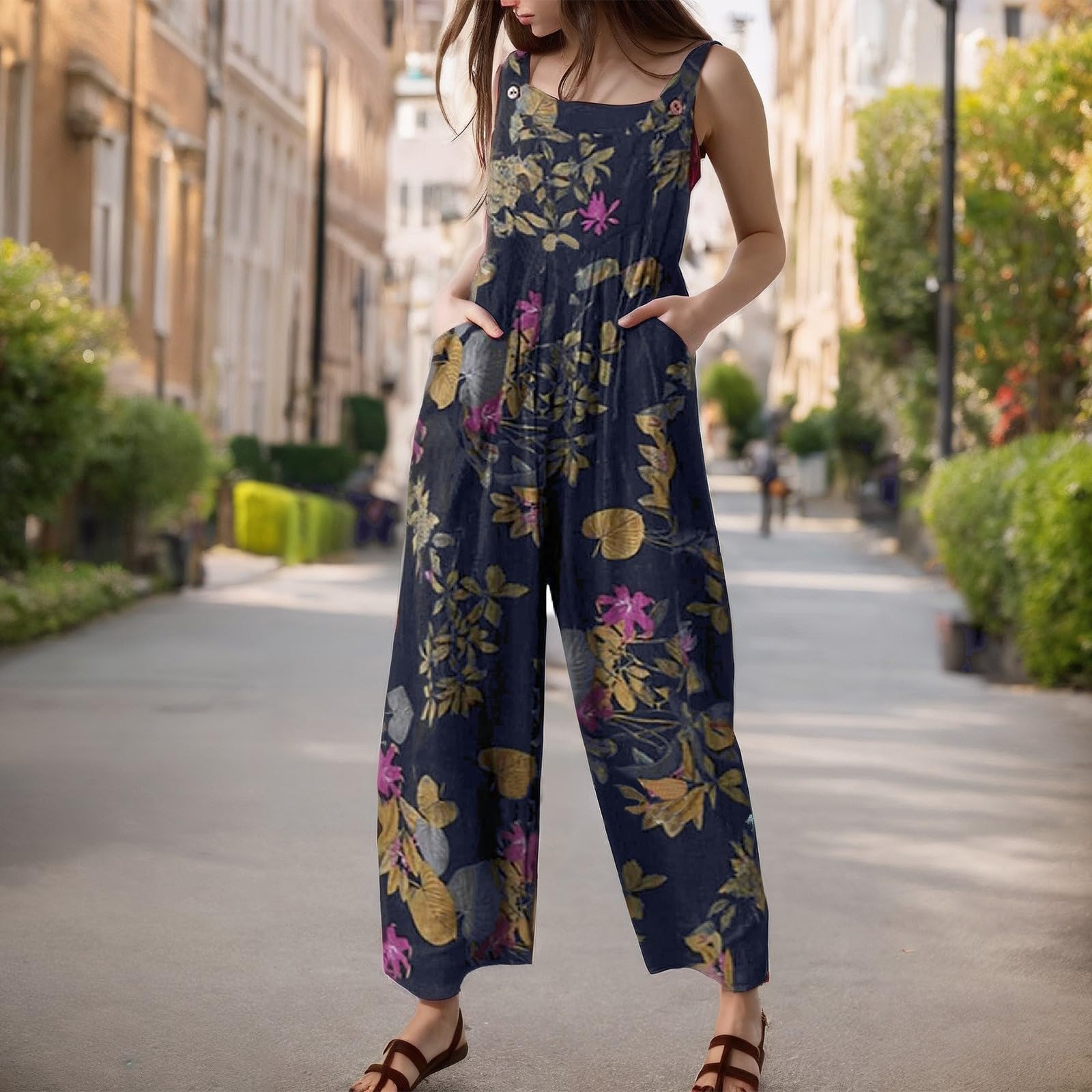 Tute da donna casual vestibilità ampia un pezzo boho floreale pagliaccetto gamba