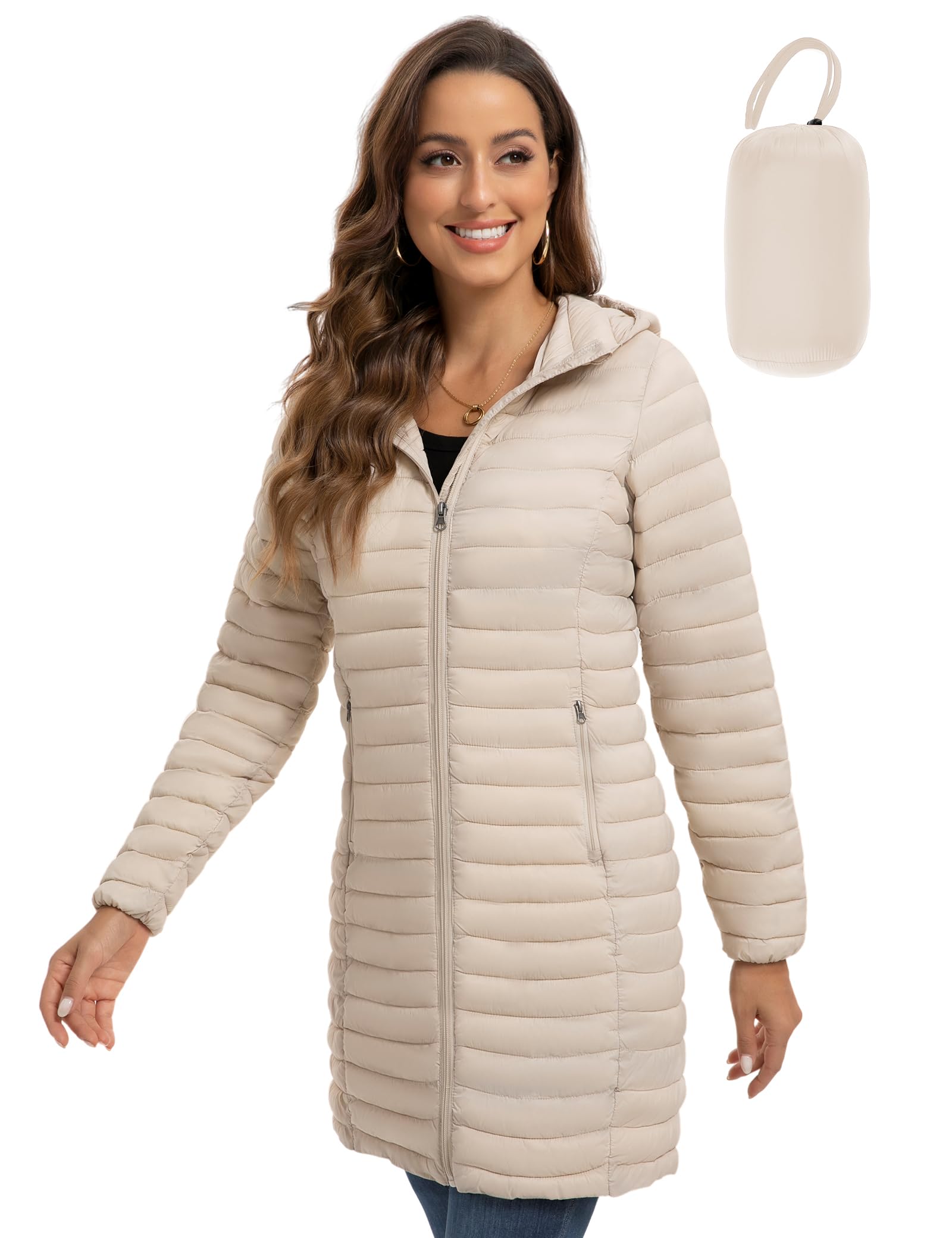 ROYAL MATRIX Packable Puffer Jacket for Women Lightweight Hooded Quilted Long Tr