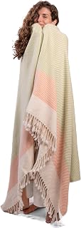 Ritzy Wool Throw Blanket, Solana Super Soft, Lightweight, 100 Percent Pure Merino, 18-Micron, Boho Style, Sage Green, Pink and White Stripe, 60 x 80 Inches, Hand Knotted Tassels.