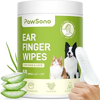 PawSono Pet Ear Finger Wipes for Dogs & Cats, Gentle Daily Ear Grooming Wipes, Aloe Vera Scent, Extra Thick & Large, Alcohol-Free, 50 Count