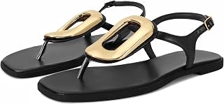 Flip-Flops for Women Thong Sandals Flat Slip on Slides Beach Comfort Open Square Toe Ladies Slipper Dressy Metal Hardware Decoration Summer Shoes Casual Fashion