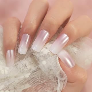 Glossy Pink White Gradient French Press Nail Medium Length Scoball Fake Nail Acrylic Fake Nail Art Tips Manicure Kit