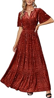 Amegoya Women's Short Sleeve V Neck Formal Wedding Guest Maxi Dresses Spring Fall Evening Party Long Dresses