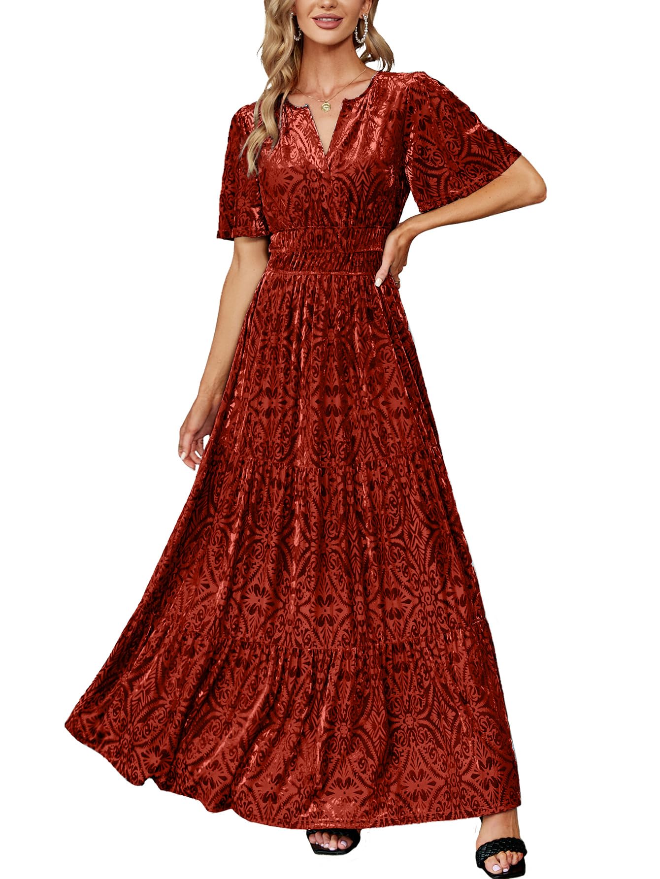 Amegoya Women's Short Sleeve V Neck Formal Wedding Guest Maxi Dresses Spring Fal