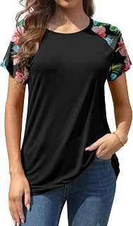 Women Summer Short Sleeve T Shirt Floral Print Casual Tunic Tops Round Neck Tops