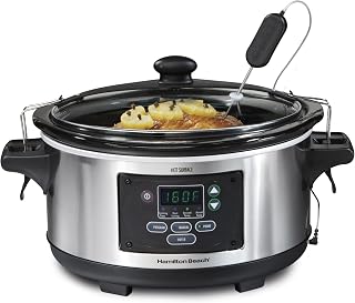 Hamilton Beach Portable 6 Quart Set & Forget Programmable Slow Cooker | Temperature Probe | Lid Lock For Easy Travel | Dishwasher Safe Crock & Glass Lid | Stainless Steel | 33969AG