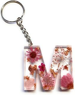 Cotswold Crafts By Emma Personalised Handmade A-Z Initial Letter Keychain with Pink Pressed Flowers and Rose Gold – Kids Keyrings for school bags, Back to School Initial Bag Charm, party bag favour