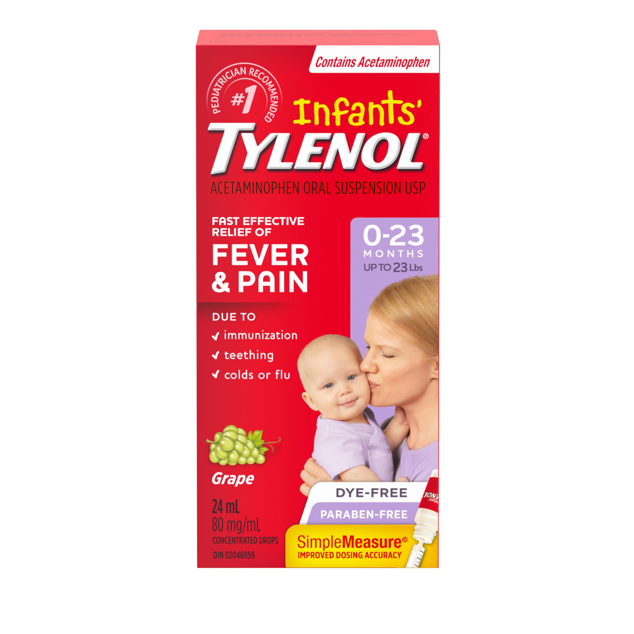 Tylenol Infant Pain & Fever Reliever, Grape Suspension, Dye Free, 24mL | Infant 