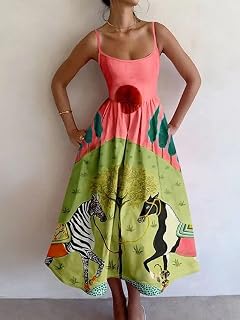 Women's Fashion Resort-Style Casual Dress Cute Patterne,Elegant Pocket Design Spaghetti Strap Dress
