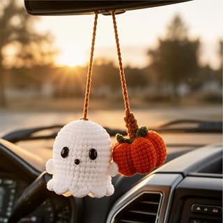 Crocheted Car Accessories, 2 Pcs Cute Handmade Crochet Halloween Car Mirror Hanging Decor, Knitted Ghost & Pumpkin Pendant for Rearview Mirror, Bag, Home, Gift for Women Girls