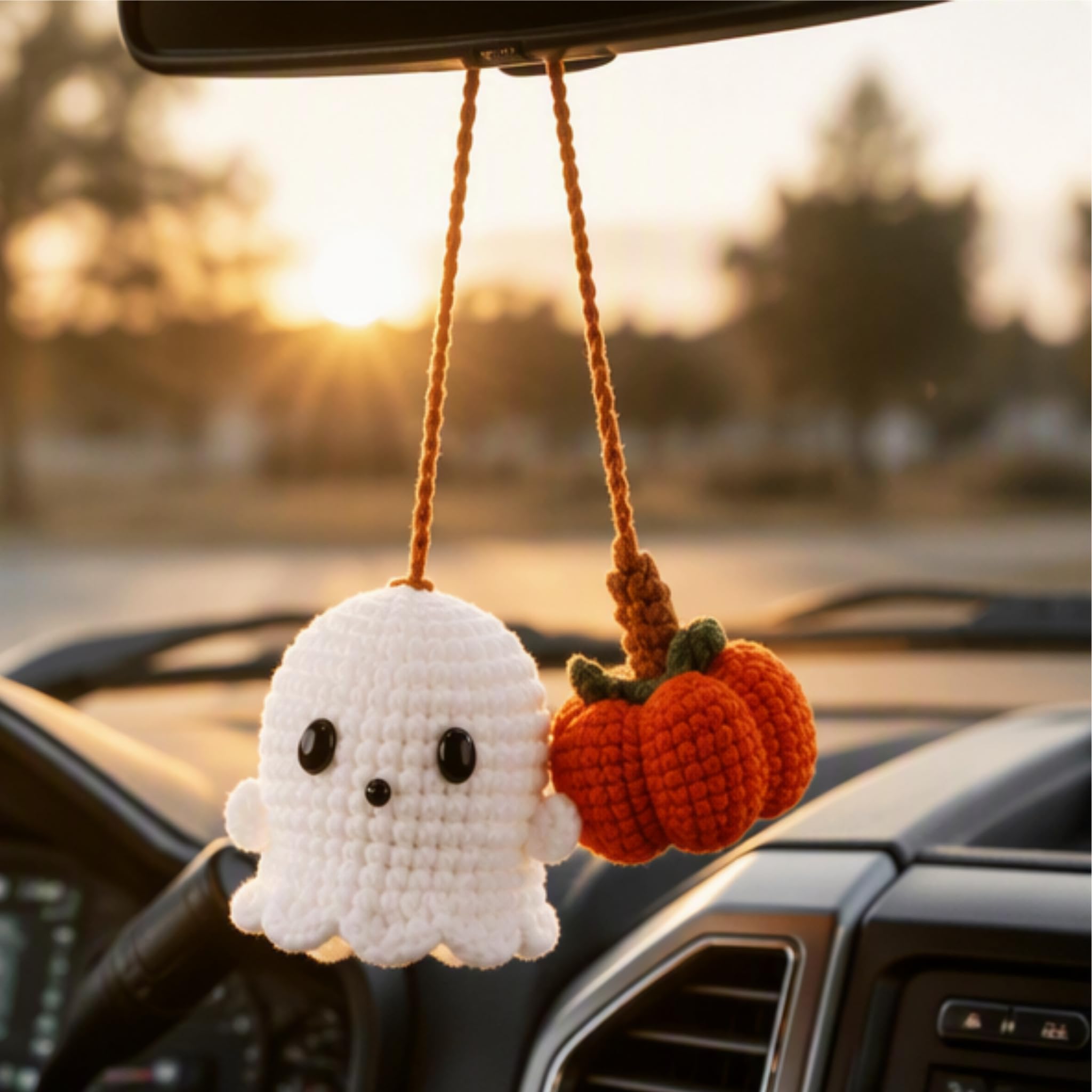 Crocheted Car Accessories, 2 Pcs Cute Handmade Crochet Halloween Car Mirror Hang
