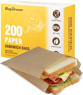 BagDream Paper Sandwich Bags 7.9x6.3x1.96"" 200ct with Thank You Stickers Recyclable, Kitchens, Sack, Sealable, Unbleached, Natural Kraft Paper Bags