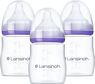 Lansinoh Anti-Colic Baby Bottles, Slow Flow Nipples (S), 160 ml, 3 Count | Breastfeeding Bottle with NaturalWave Design, BPA-Free Plastic, Baby Essentials