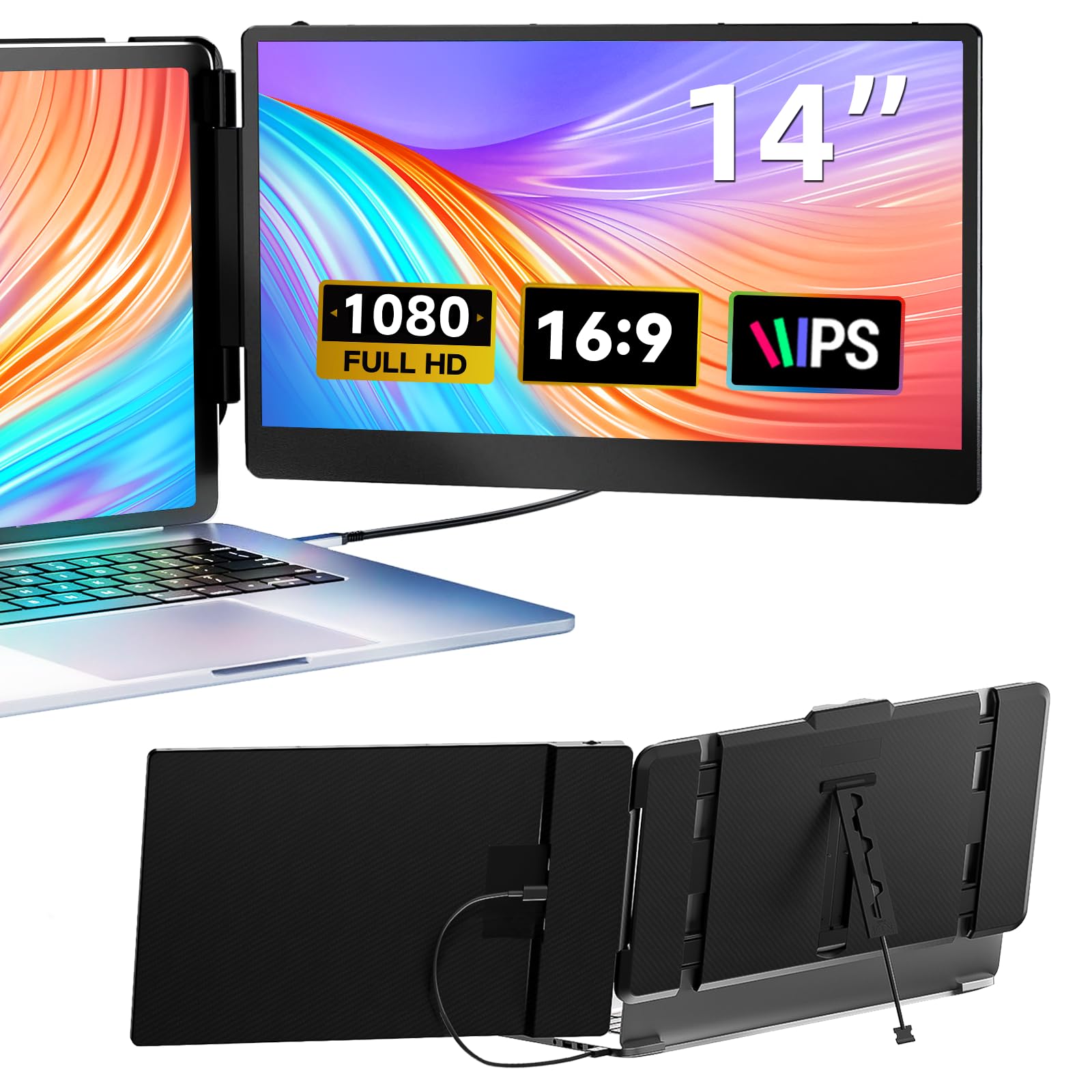 Laptop Screen Extender, 14" FHD 1080P IPS Dual Laptop Monitor Extender, Plug n P