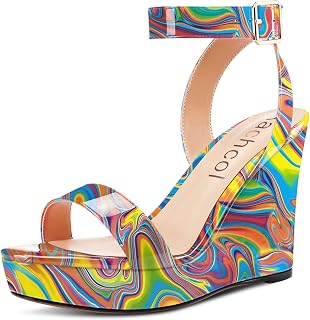 Aachcol Sandali da donna con plateau con zeppa rotonda Peep Open Toe cinturino alla caviglia Slingback due pezzi grosso blocco tacco alto scarpe da sera pompe per feste brevetto 10 cm, Multicolore arcobaleno., 38.5 EU