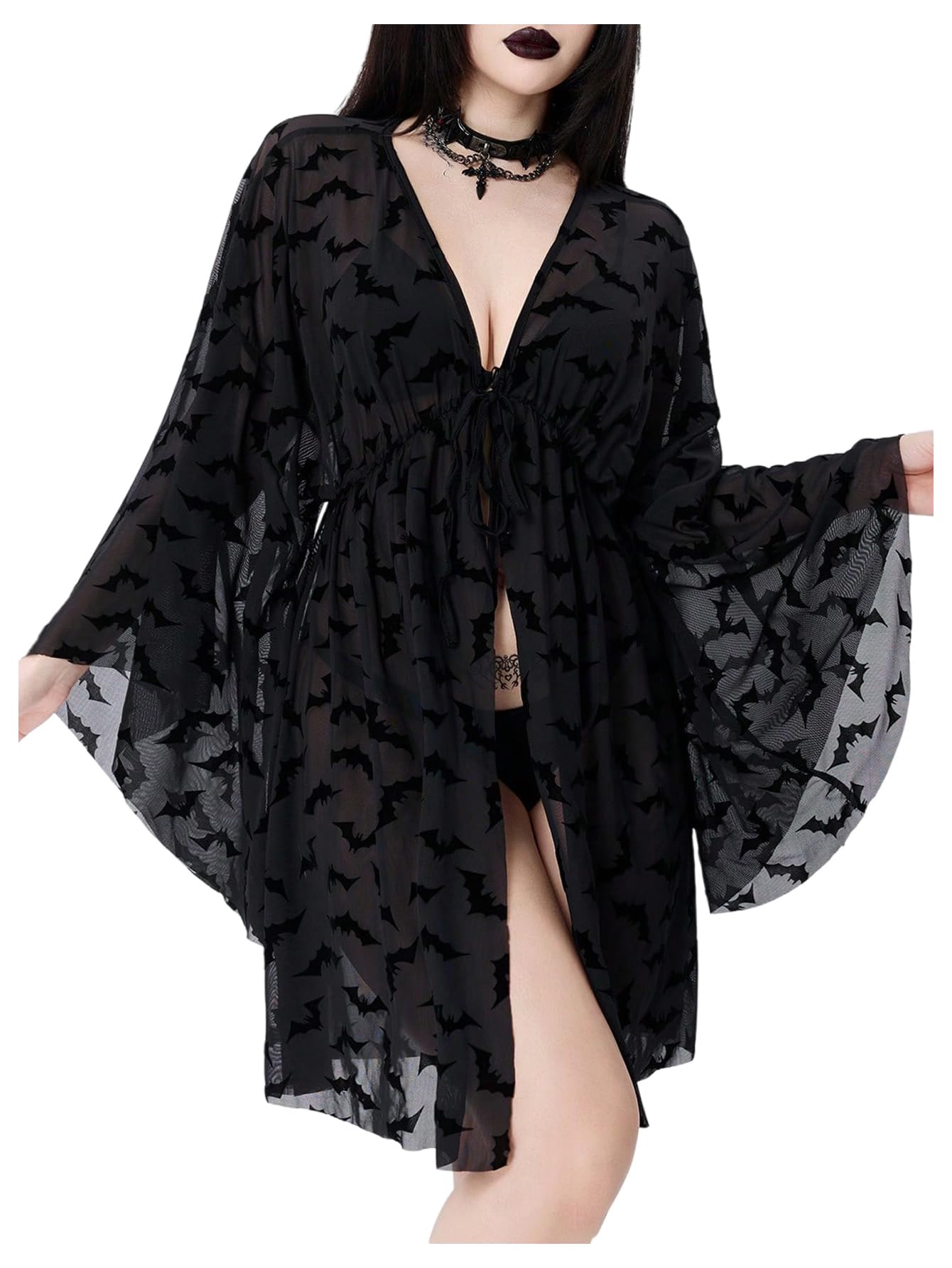 WDIRARA Women's Goth Sheer Kimono Lightweight Cardigan Cover Up