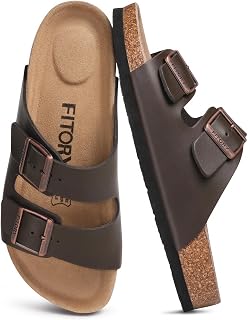 FITORY Mens Leather Insole Sandals with Two Buckles Open Toe Slides