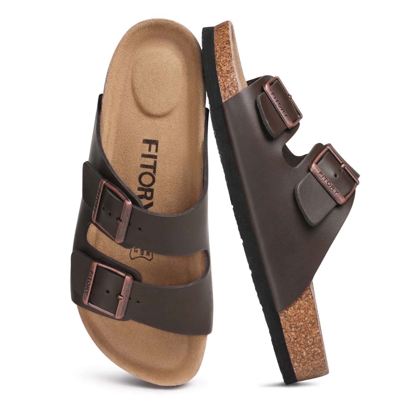 FITORY Mens Leather Insole Sandals with Two Buckles Open Toe Slides