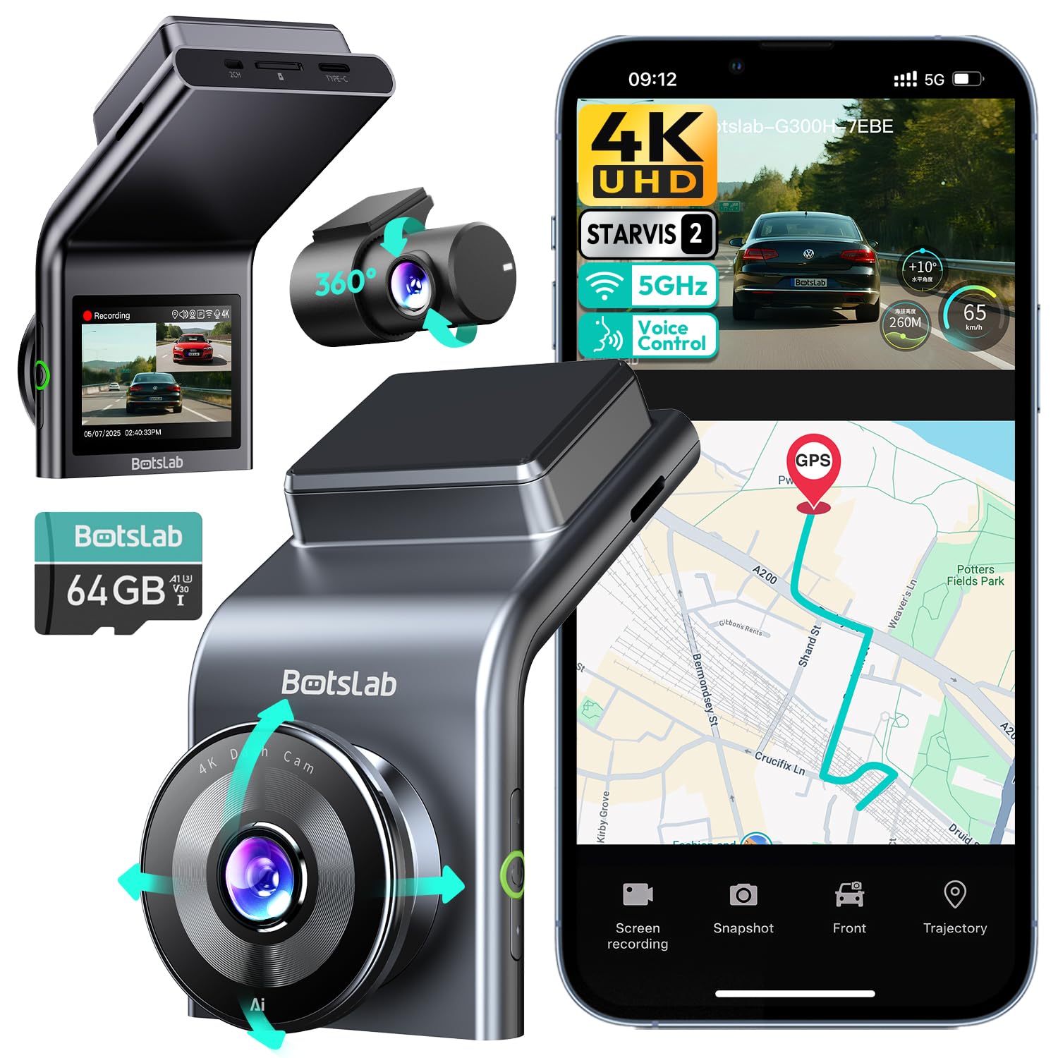 BOTSLAB【G300H Plus】 2026 Upgraded 4K Dash Cam Front and Rear, STARVIS 2 | 64G Ca