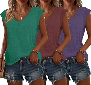 Bliwov Pack of 3 Women's Cap Sleeve V-Neck Summer Autumn Plus Size Beach Vacation Workout Clothes