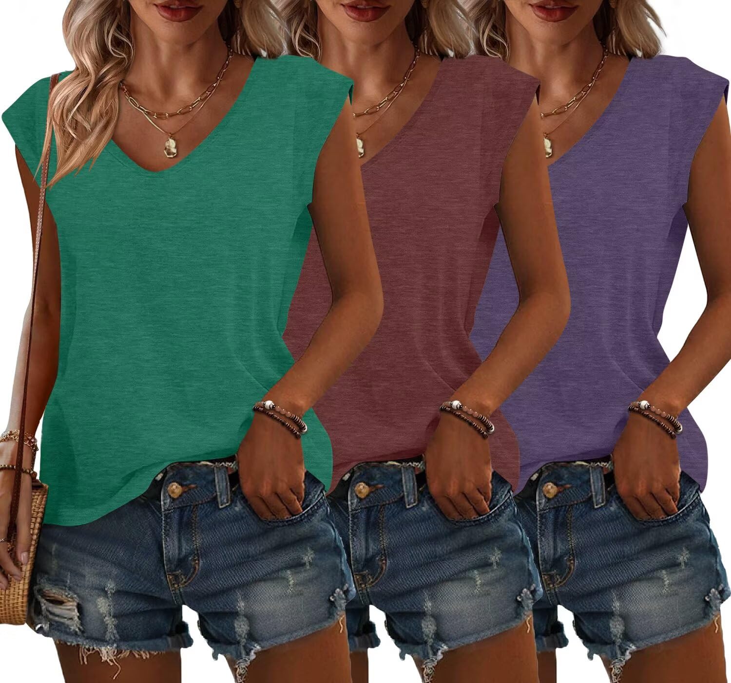 Bliwov Pack of 3 Women's Cap Sleeve V-Neck Summer Autumn Plus Size Beach Vacatio