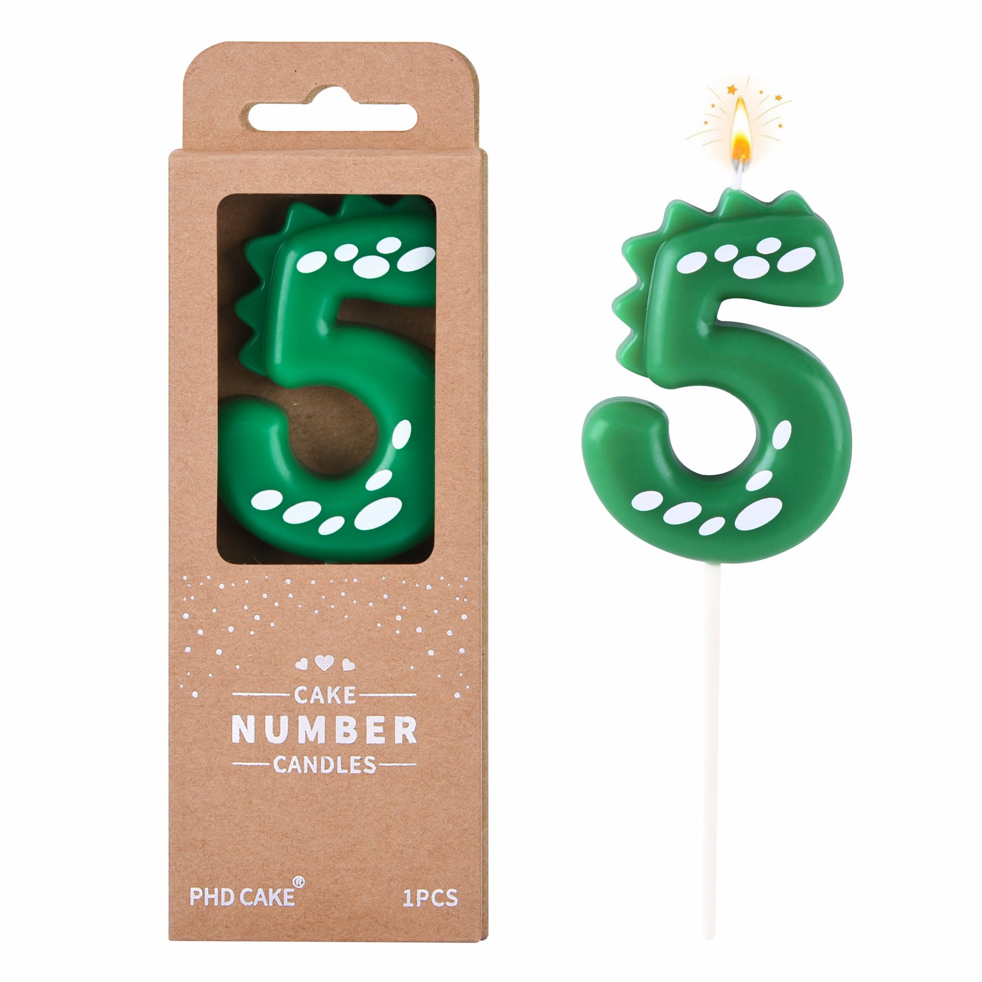 PHD CAKE 2.76 Inch Green Dinosaur 5 Number Birthday Candles, Dinosaur Number Can