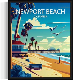 Newport Beach California Black Framed Poster Art Print, Retro City Mountain and Lake Landscape Artwork, Wall Art Vintage Decor Picture For Bedroom Office Home Decor 64 (Newport Beach California, 20"L x 16"W, Black Frame)