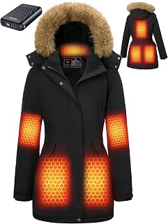 GOTOBI Graphene Heated Jacket for Women, Long Parka, Fur Hood, 12V Battery | Windproof, water-resistant parka, detachable fur hood, adjustable waist belt, UL certified battery, machine washable