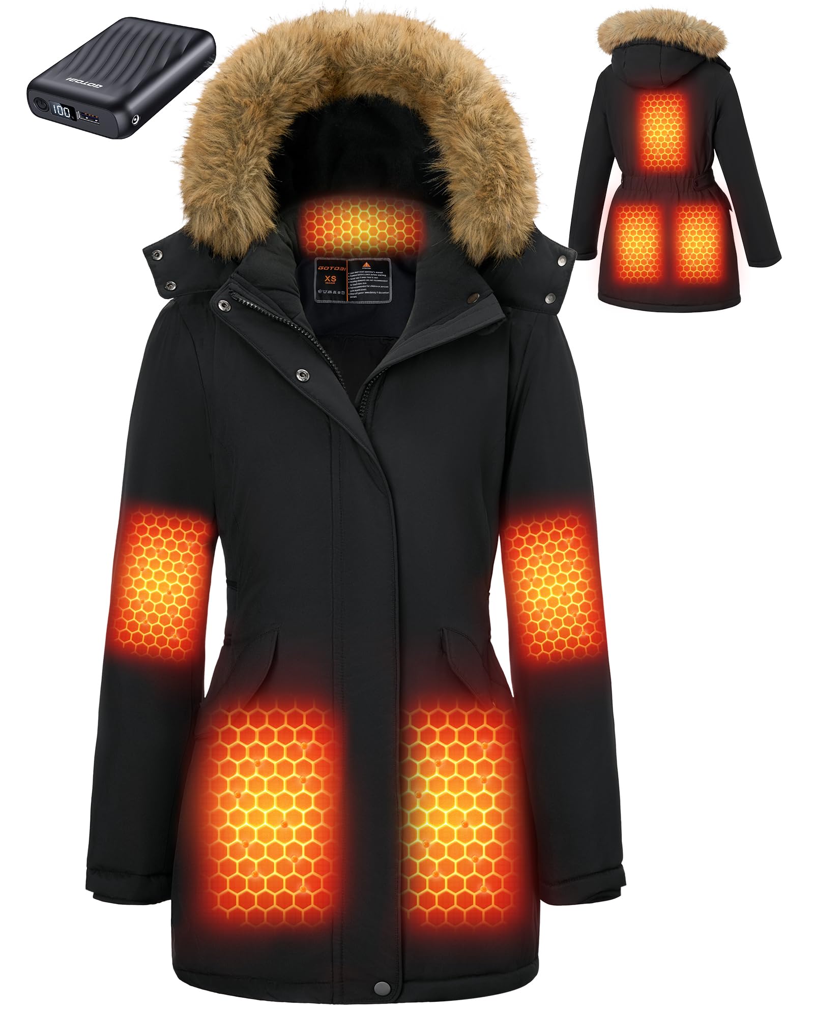 GOTOBI Graphene Heated Jacket for Women, Long Parka, Fur Hood, 12V Battery | Win