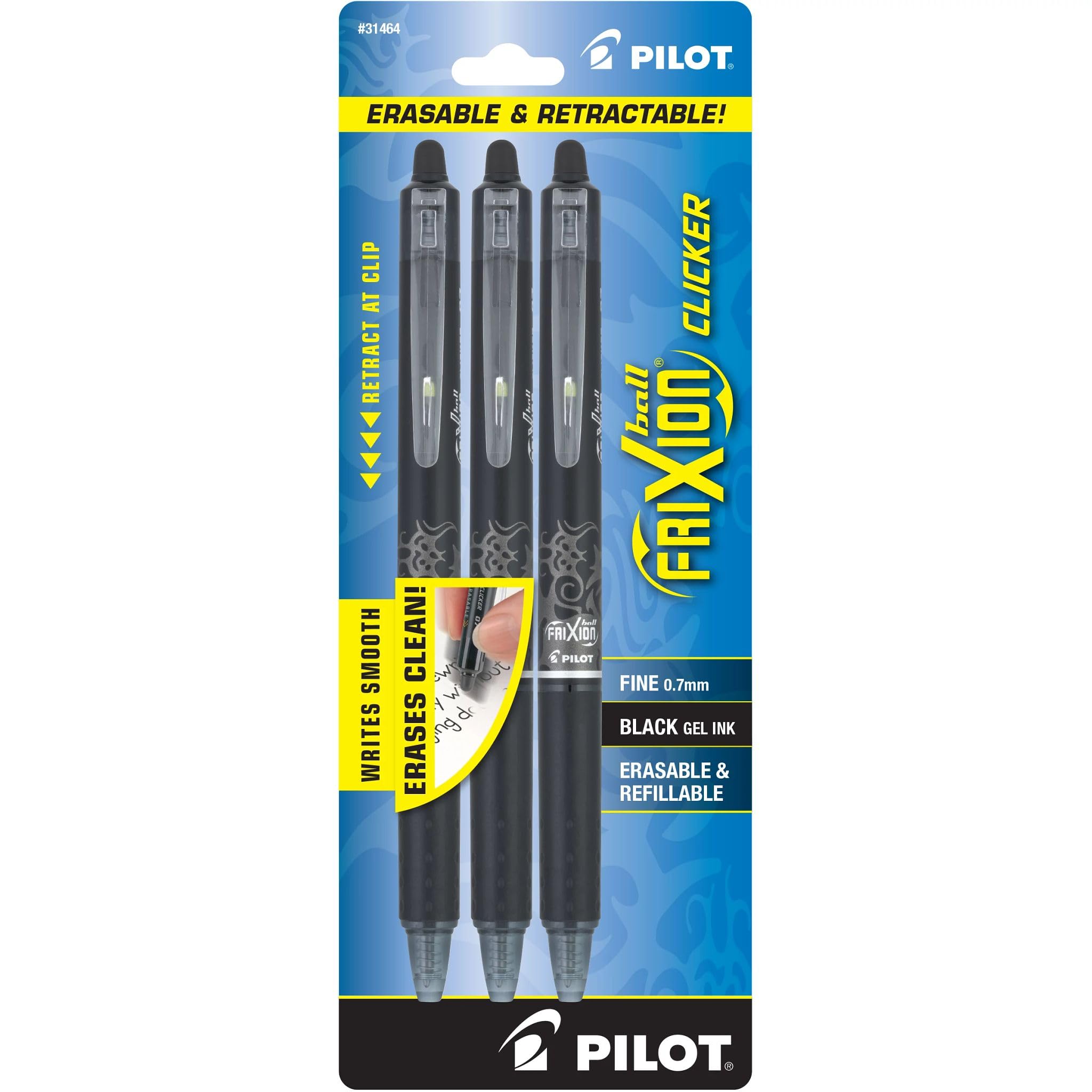 PILOT FriXion Clicker Erasable Pens, Fine Point 0.7 mm, Black Ink, 3-Pack | Eras
