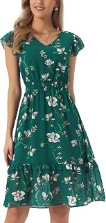 Allegra K Womens Floral Dress V Neck Ruffle Smocked Knee Length Dresses