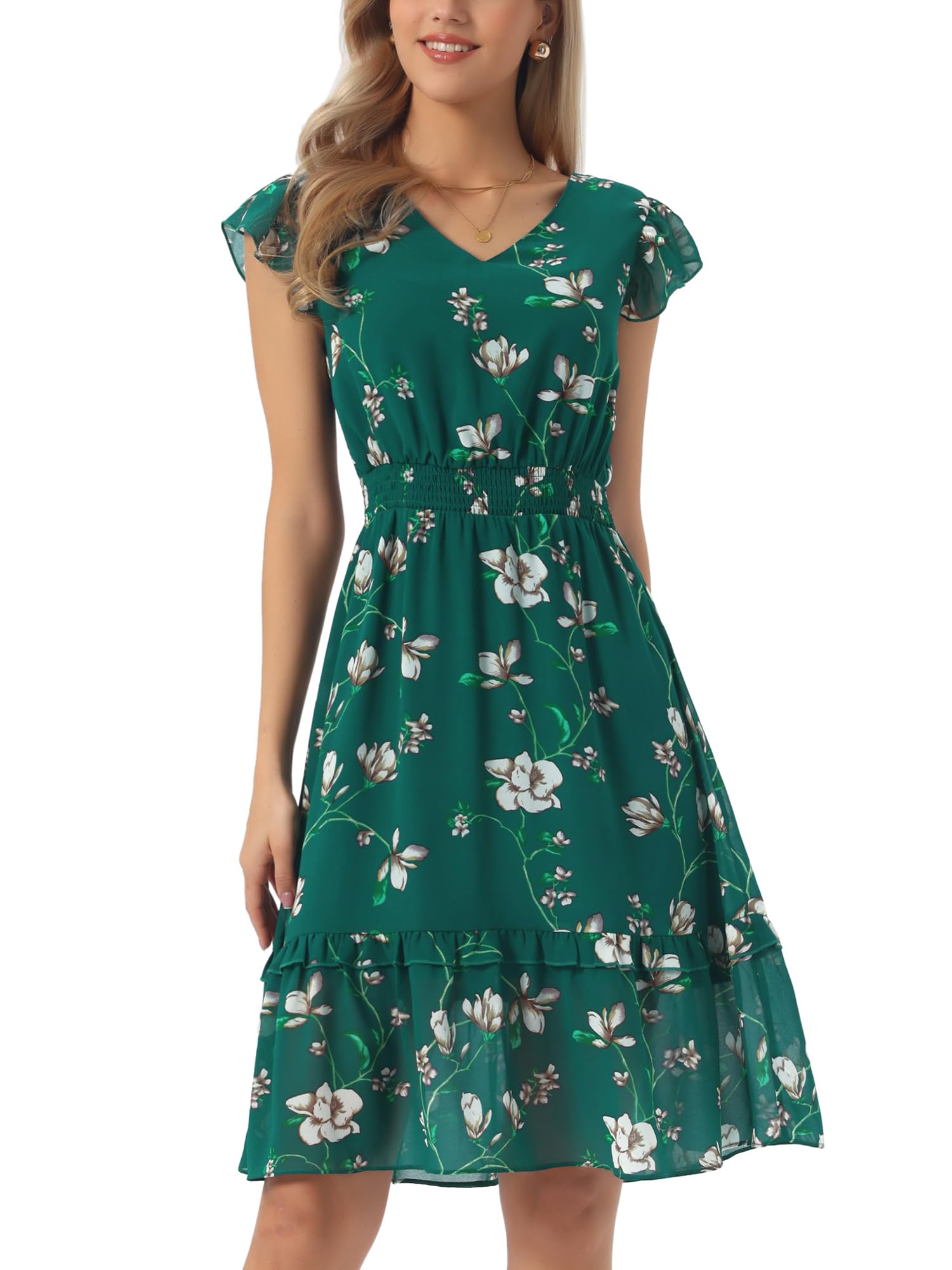 Allegra K Womens Floral Dress V Neck Ruffle Smocked Knee Length Dresses
