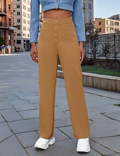 Women's High Waisted Straight Leg Pants Button Stretchy Business Work Casual Trousers with Multiple Pockets Spring Pants