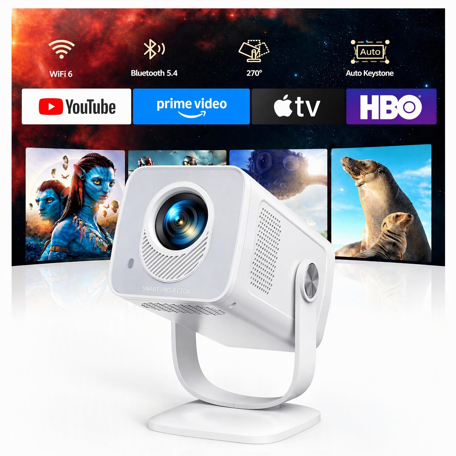 [2026 Upgraded] Mini-Projector Built-in Apps, 4K 1080P Support, Smart OS | Porta